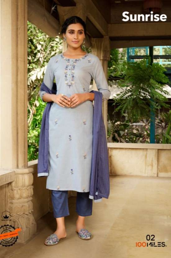100 MILES SUNRISE COTTON Attractive KURTI WITH PANT AND DUPATTA CATALOGUE