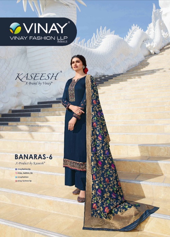 Vinay Fashion Kaseesh Georgrtte Banaras 6 Satin Decent Look Salwar Suit Catalogue