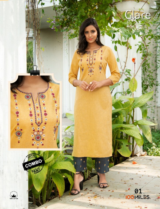 100 Miles Glare Cotton Authentic Fabric Kurti With Combo Pant Catalogue