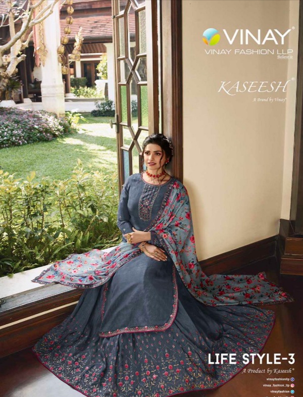 Vinay Fashion Kaseesh Lifestyle 3 Muslin Satin Innovative Style Sharara Style Salwar Suit Catalogue