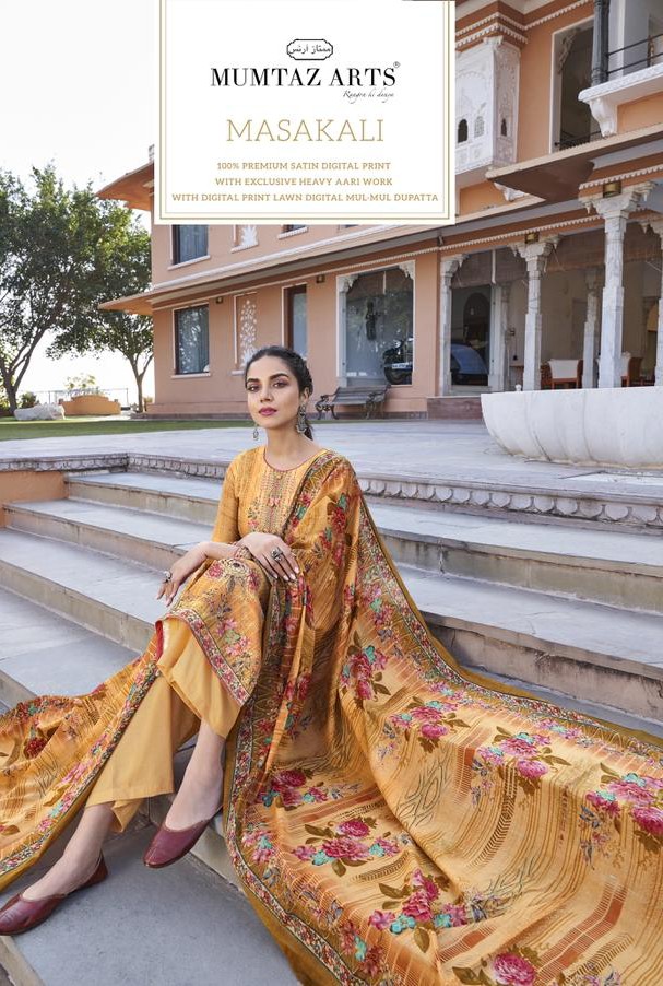 Mumtaz Arts Masakali Aari Work Jam Satin Exclusive Print And Colours Salwar Suit Catalogue
